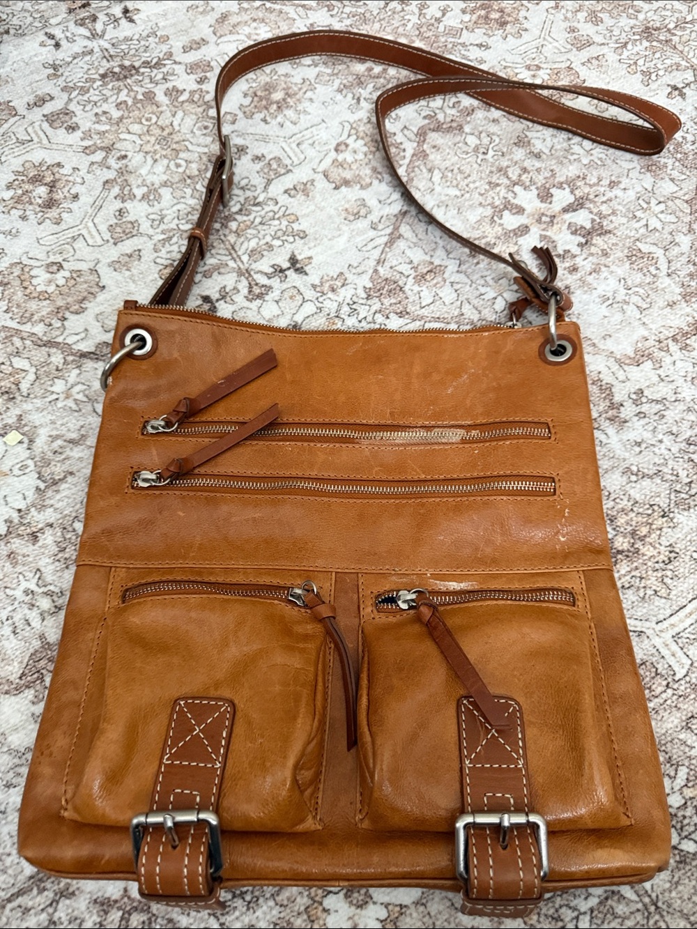 Nino BOSSI Cognac Brown Leather Messenger Bag with Adjustable Strap